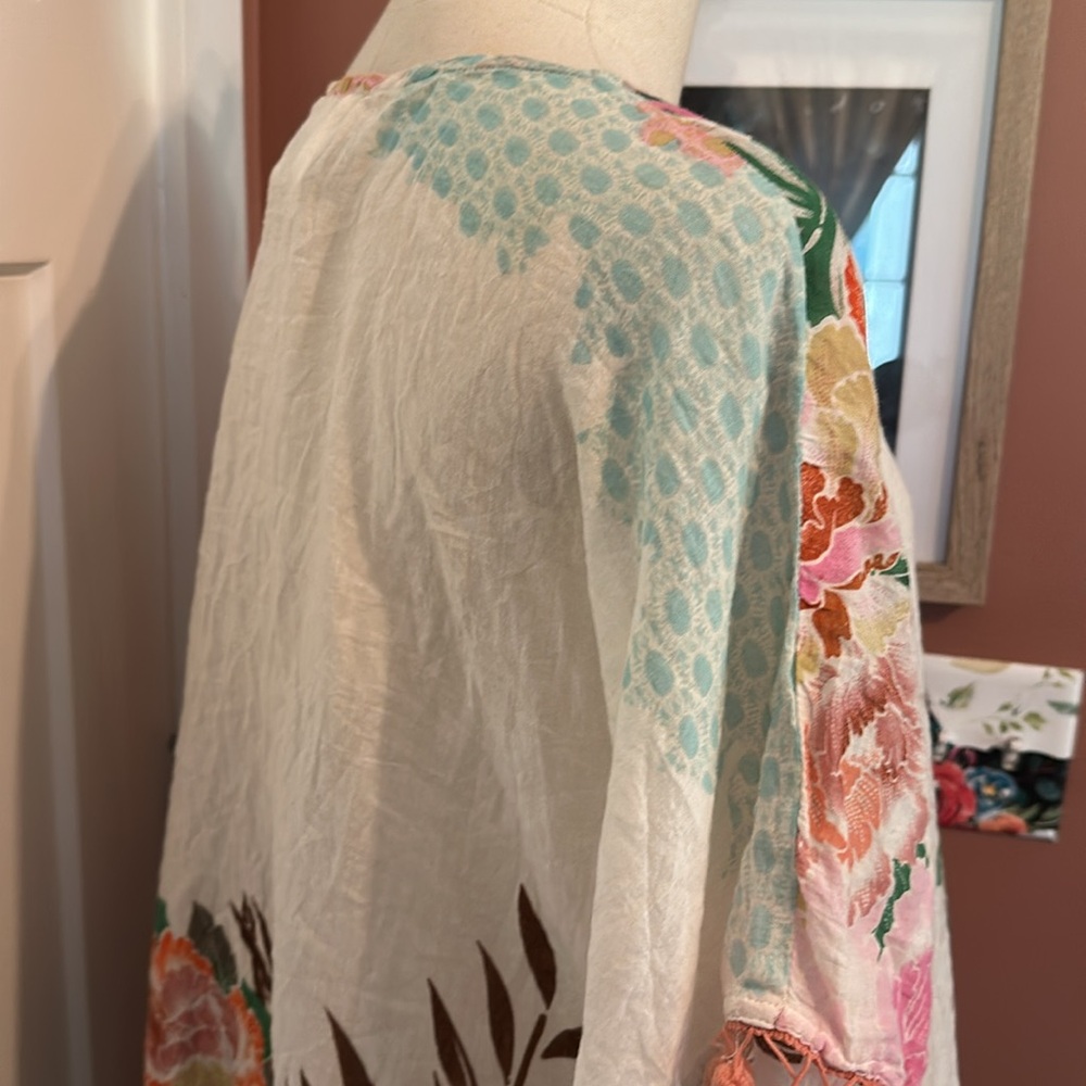 Z&L Floral Print Pom Poms cotton tassel drop waist lace up OS Kaftan Cover-Up - Picture 9 of 16